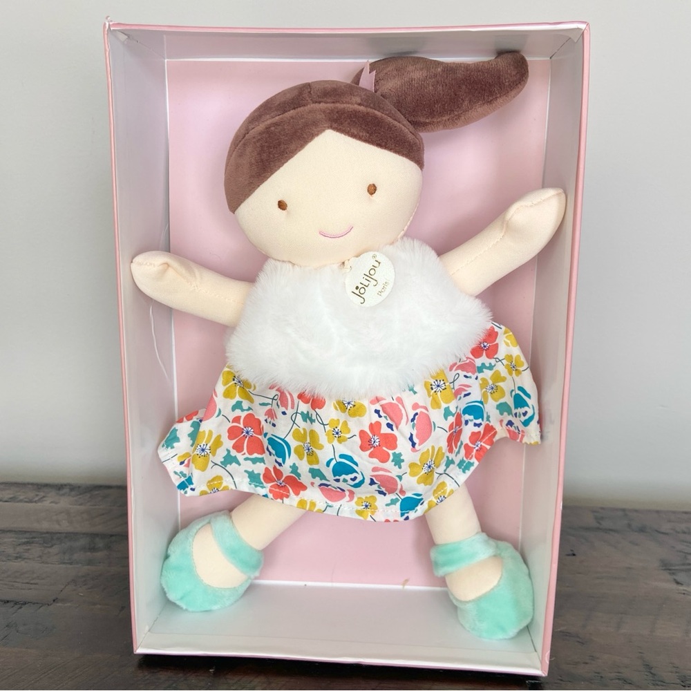 JoLiJou Paris Baby Cloth Doll Demoiselle Pretty Green Print Doudou et Compagnie